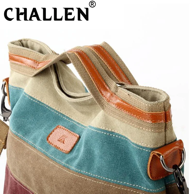 Женская сумка винтажная полосатая холщовая кожаная школьная дорожная через