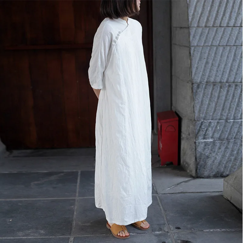 

Johnature Women Chinese Style Solid Color Jacquard Dresses 2019 Spring Vintage Stand Collar Half Sleeve Cotton Linen Long Dress