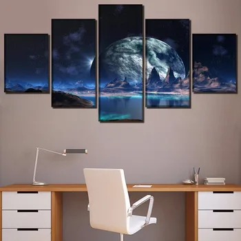 

Canvas Wall Art Landscape Picture 5 Piece Planet Fantasy Land Night Starry Sky Painting Living Room Decor Print Poster Framed