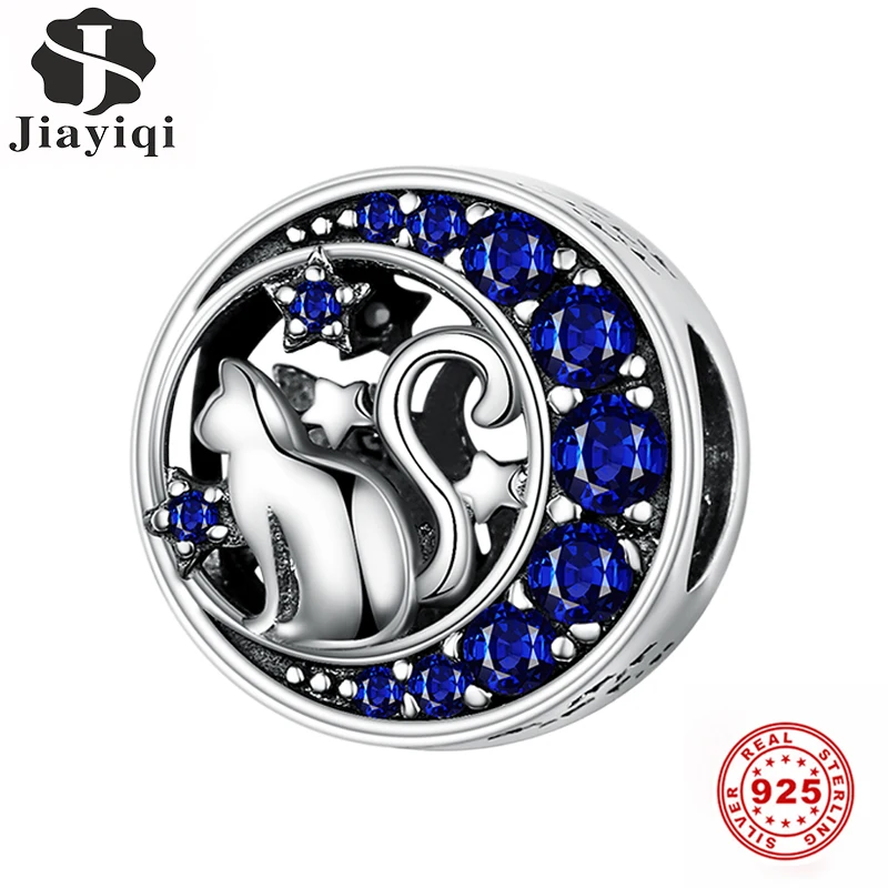 

Jiayiqi Cute Moon Cat Charms 925 Sterling Silver Beads Sparkling CZ Jewelry Fit For Bracelets Making Women Birthday Gift