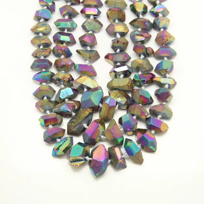 

Full strand Middle Drilled Rainbow Titanim Quartz Faceted Nugget Pendants,Cut Rough Raw Crystals Double Stick Beads Points Bulk