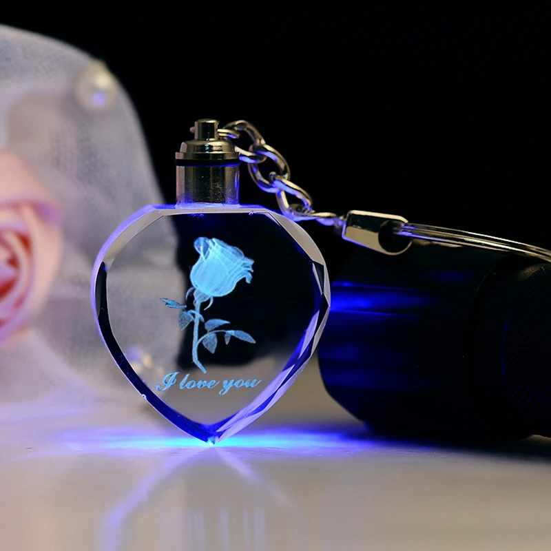 

Rose Flower Crystal With Led Light Colorful Key Chains For Valentine'S Day Gift Glowing Luminous Crystal Heart Trinket