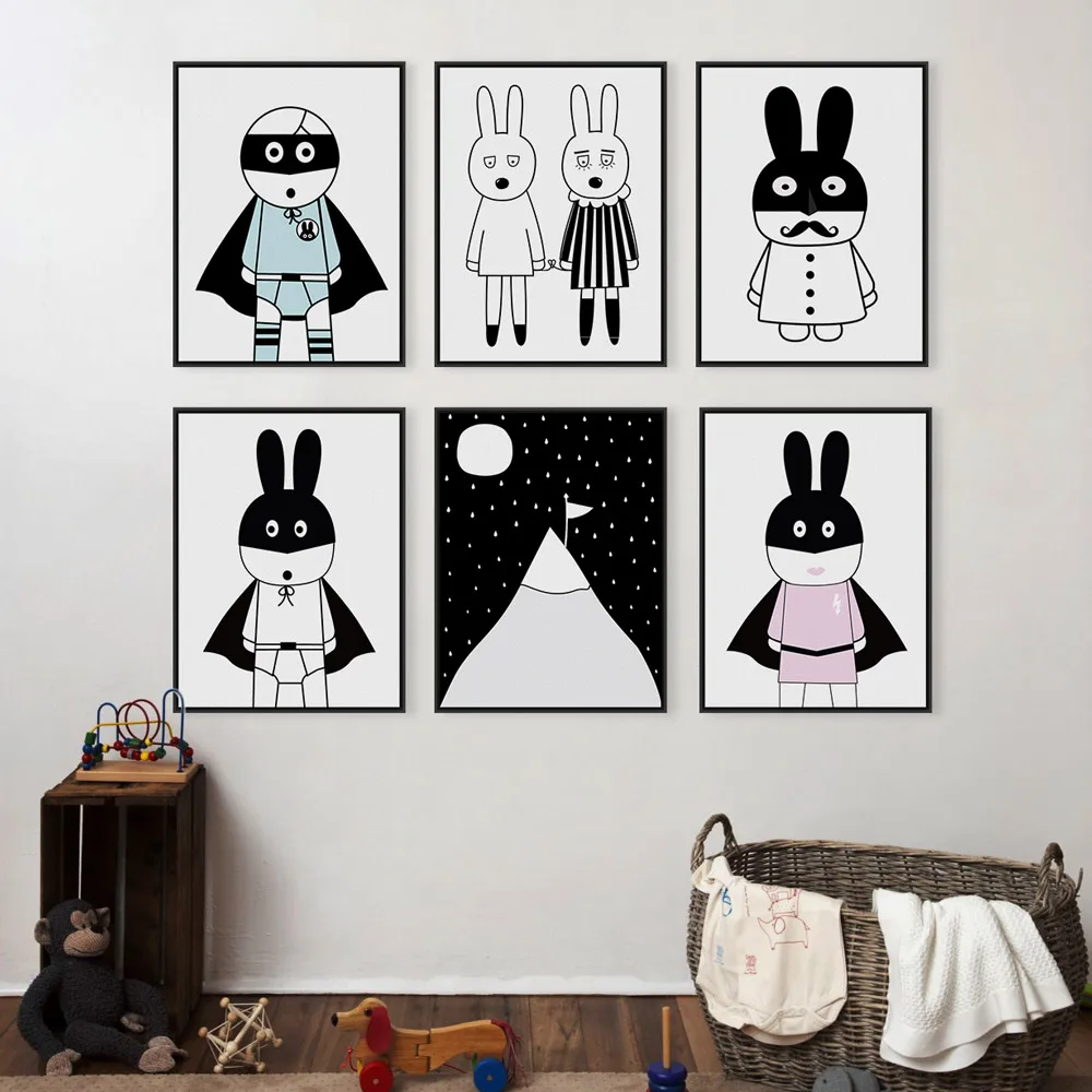 Черно-белые плакаты с изображением животных, кролика, панды, детские настенные картины в скандинавском стиле, кавайный декор для детской комнаты, Картина на холсте