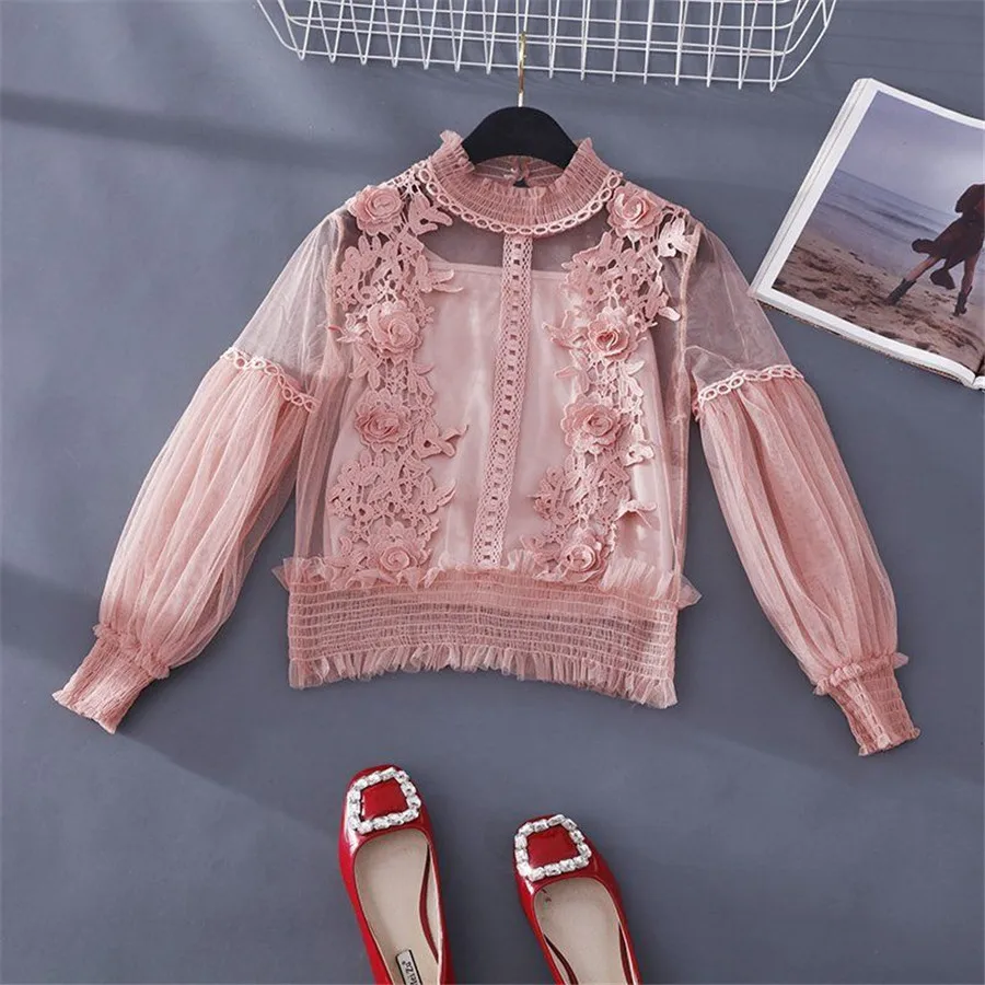 الربيع الصيف النساء الرباط الزهور البلوزات قميص السيدات قمم مثير شبكة البلوزات شفافة أنيقة انظر من خلال قميص