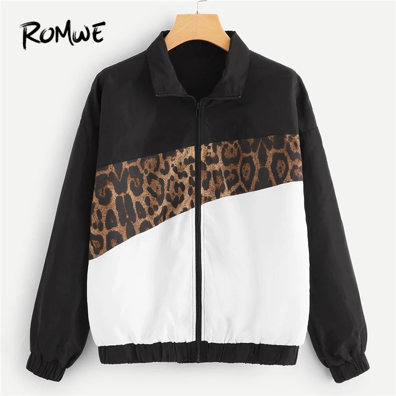 

ROMWE Zip Front Leopard Print Color Block Coat 2019 Women Clothes Spring Fall Black White Casual Fashion Tracksuit Street wear