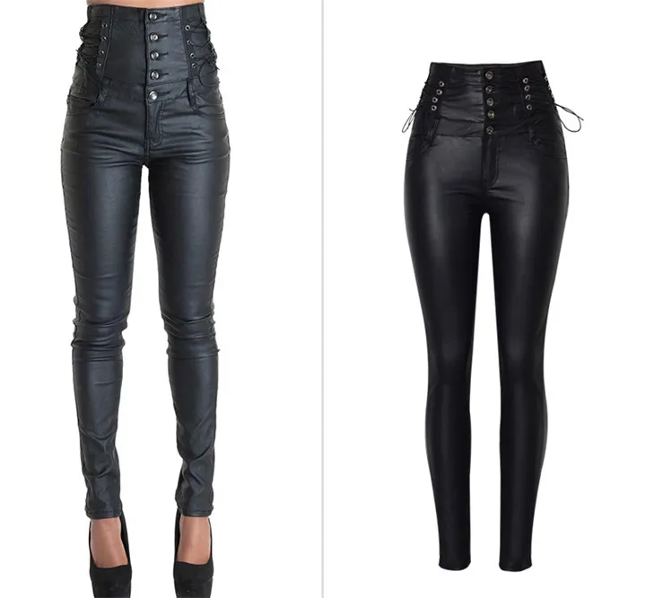 Europe and the United States women's ultra-high waist 5 grain buckle bilateral waist belt decorative coating imitation leather stretch denim feet pants PU (1)