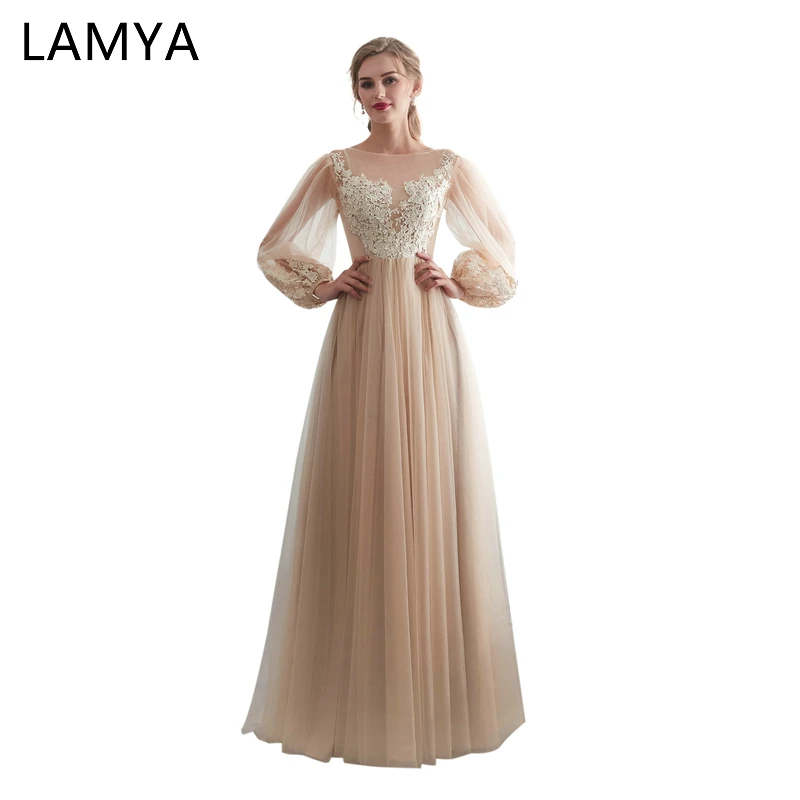 

Lamya Robe Champagne White Long Evening Dresses Full Sleeve Elegant Long Party Gown vestidos de festa largos elegantes de gala