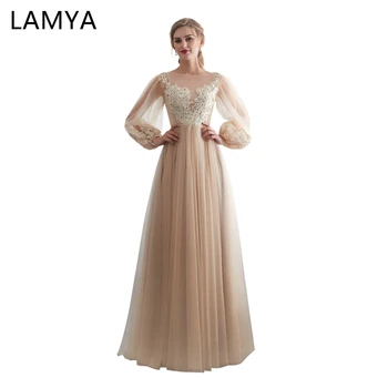 

Lamya Robe Champagne White Long Evening Dresses Full Sleeve Elegant Long Party Gown vestidos de festa largos elegantes de gala