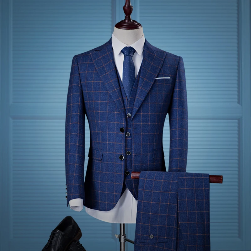 

Suit set three-piece suit (coat + trousers + vest) men's business England plaid casual suit studio married dress large size 4XL