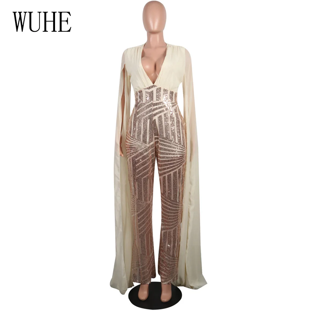 WUHE Sparkly Sequins Overalls For Women Cape Split Extra Long Sleeve V Neck Jumpsuit Elegant See Through Plus Size Party Romper