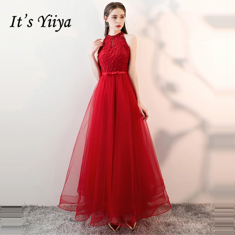

It's YiiYa Prom Gowns Red flowers Lace Hatler Neck Sleeveless A-line Floor Length Custom Plus size Long Party Prom Dresses E444