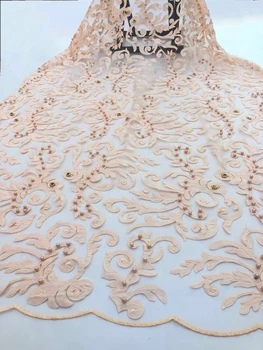 

Latest french lace fabric High quality pink lace fabric with beaded and stones Luxury fabric embroidery for wedding FJ3119