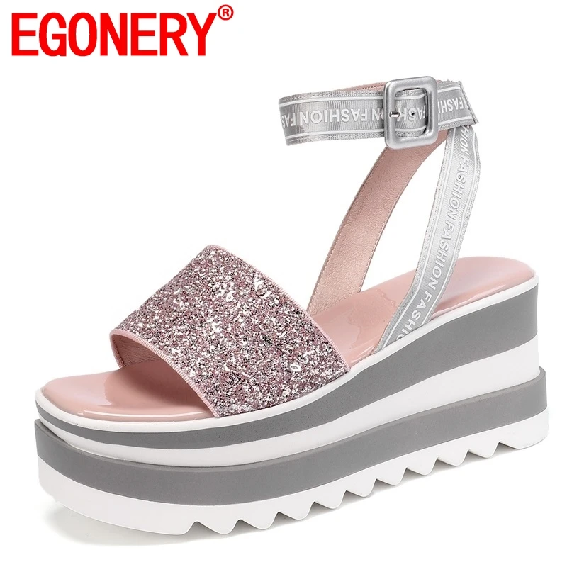 

EGONERY summer new concise open toe sequined cloth woman sandals outdoor high wedges platform shoes woman buckle ladies shoes