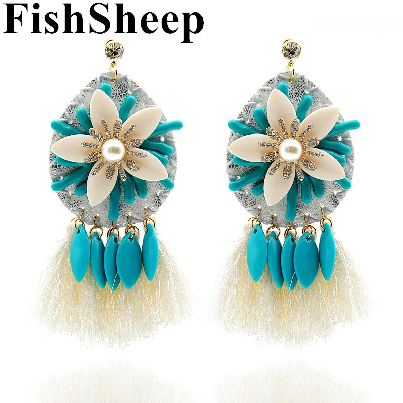 

FishSheep Bohemian Big Tassel Earrings Ethnic Large Acrylic Crystal Flower Fringe Drop Earrings For Women Fashion Boho Jewelry