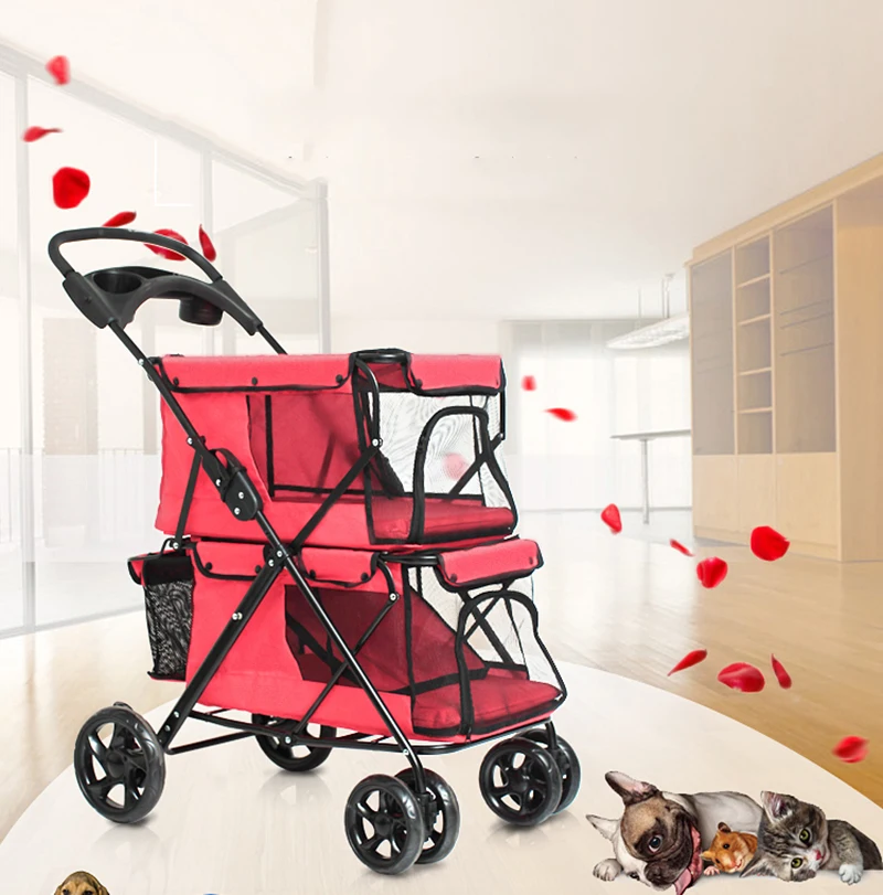 LK673 Lightweight Folding Double Layer Pet Stroller Four Wheel Large Space Breathable Trolley