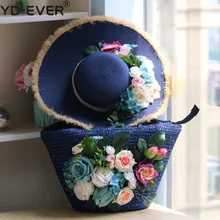 Соломенные сумки на плечо Тяжелая синяя сумка и шляпа набор сумка с цветами путешествия для пляжа перламутровый стиль плюс размер женская сумка