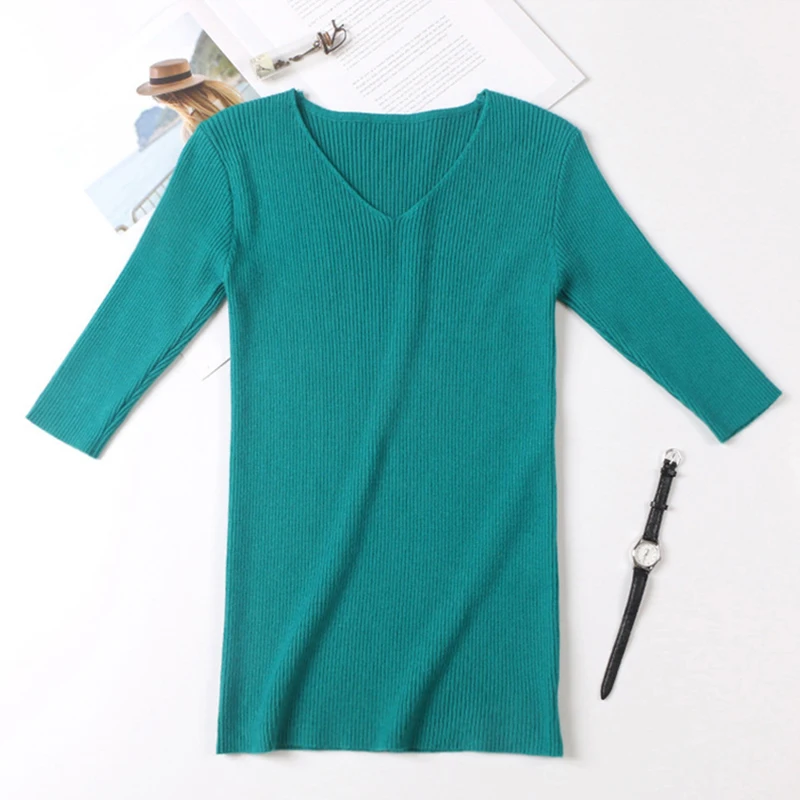 GOPLUS 2018 Spring New Ribbed Knit Sweaters Women Half Short Sleeves V Neck Knitted Pullovers White Black Tops C4889