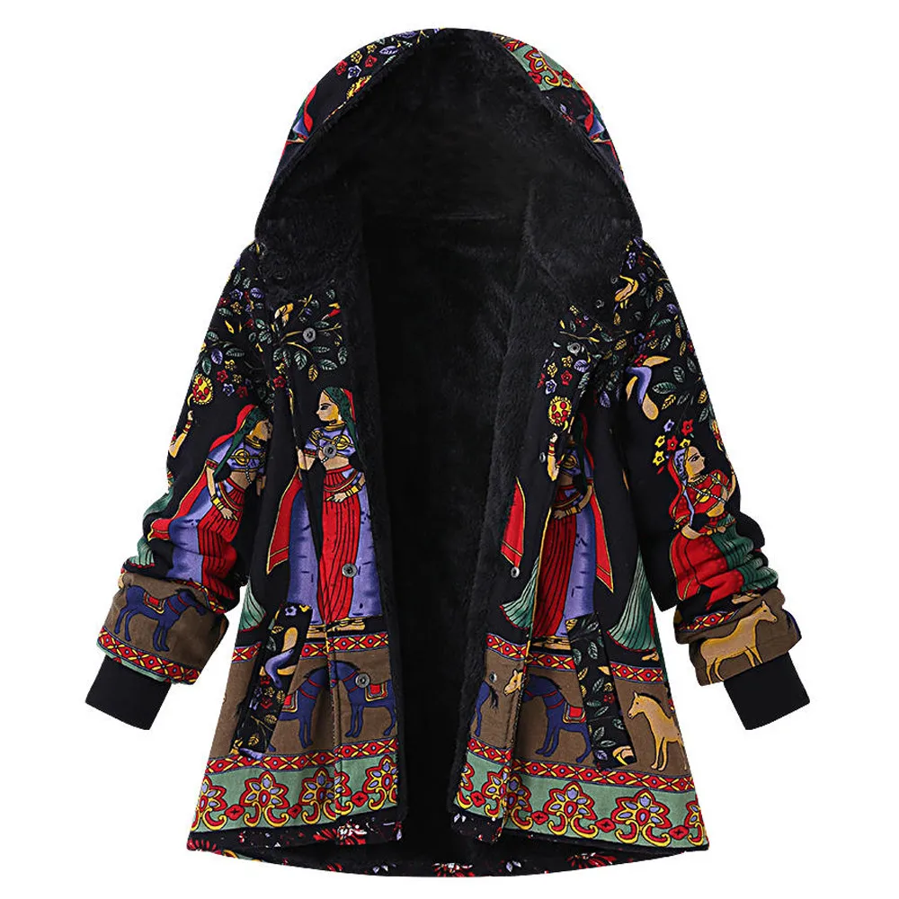 

YOUYEDIAN 2018 Womens Winter Warm Outwear Print Hooded Pockets Vintage Oversize Hasp Coats