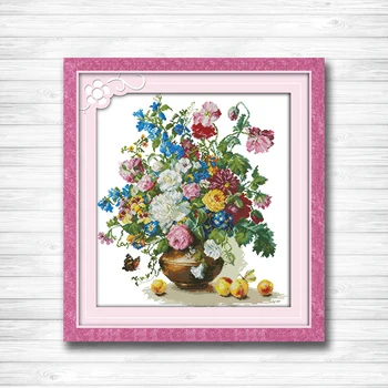 

Peach and Flower basket counted print on canvas DMC 11CT 14CT Cross Stitch kit needlework embroidery Set Beautiful Flowers vase