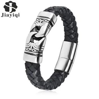 

Jiayiqi Punk Men Jewelry Braided Leather Charm Bracelet Stainless Steel Magnetic Clasp Fashion Bangles 18.5/20.5/22cm