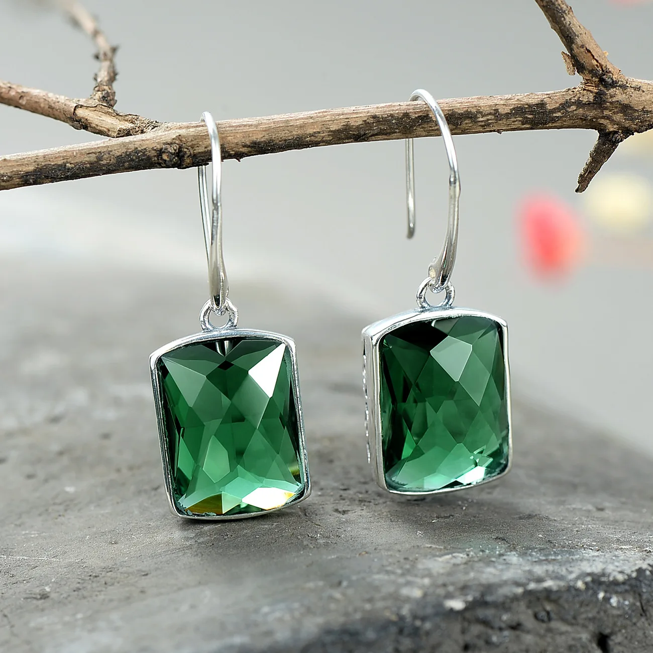 S925 silver inlaid female square cut face, Thai silver green crystal
