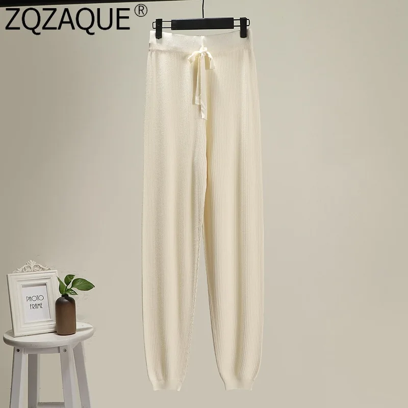 

High Quality Summer Pure Color Ice Silk Trousers Harem Pants for Women's All-match Comfortable Drawstring Knit Pants Casual Fall