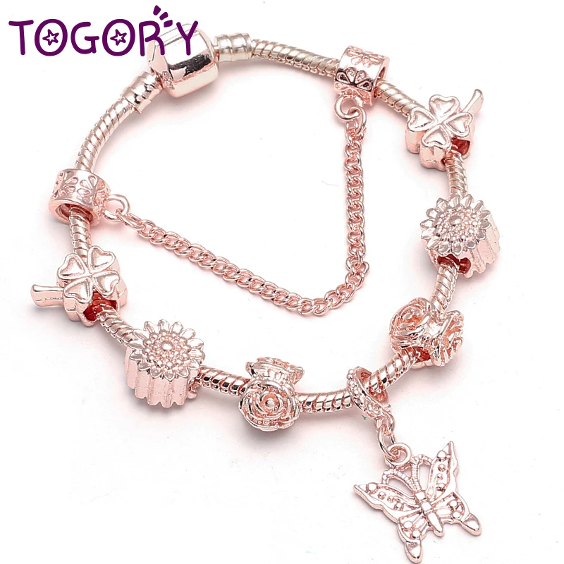 

TOGORY European Crystal Butterfly Pendant Charm Bracelet for Women Rose Gold Chain Beads Brand Bracelets Pulsera Mujer