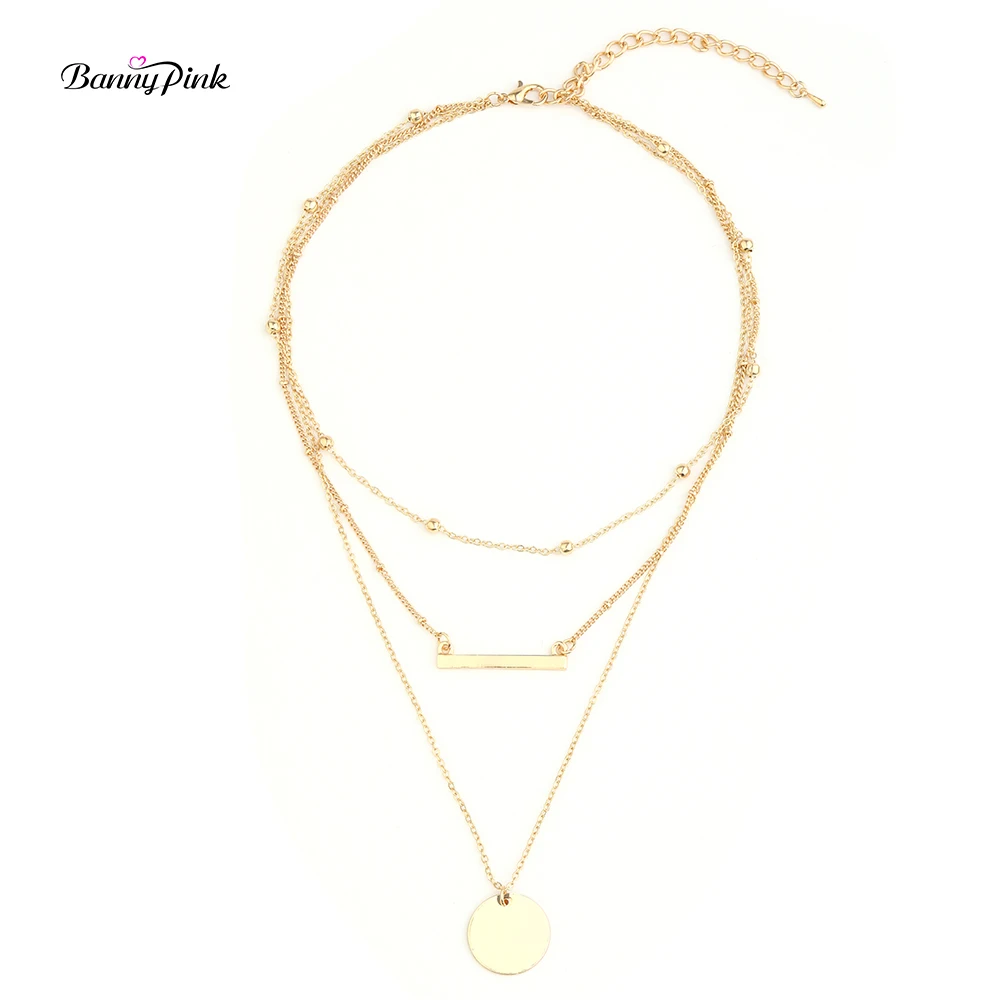 

Banny Pink Brief Stick Bar Disc Pendant Choker Necklace For Women New Layer Metal Chain Choker Collar Dangle Necklaces Colliers