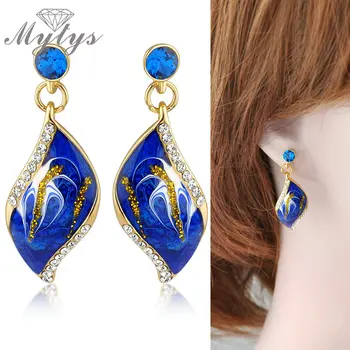 

Mytys Blue Enamel Crystals Earrings Leaf Dangles Drops Earrings for Womens Free Shipping CE45