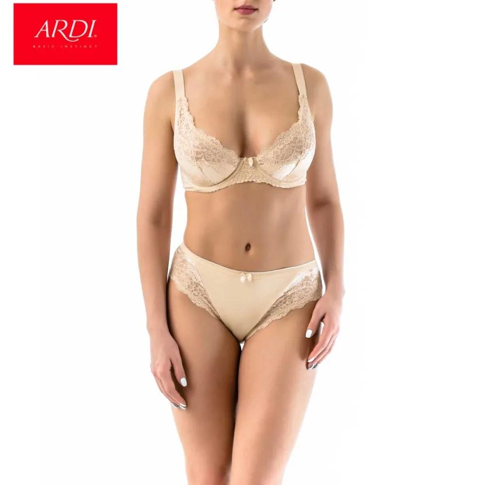 

ARDI Female Wired Bra and Briefs Set with Demi Soft Lace Cup B C D E for Big Size Breast Full Figuer Women White Beige R2707-16