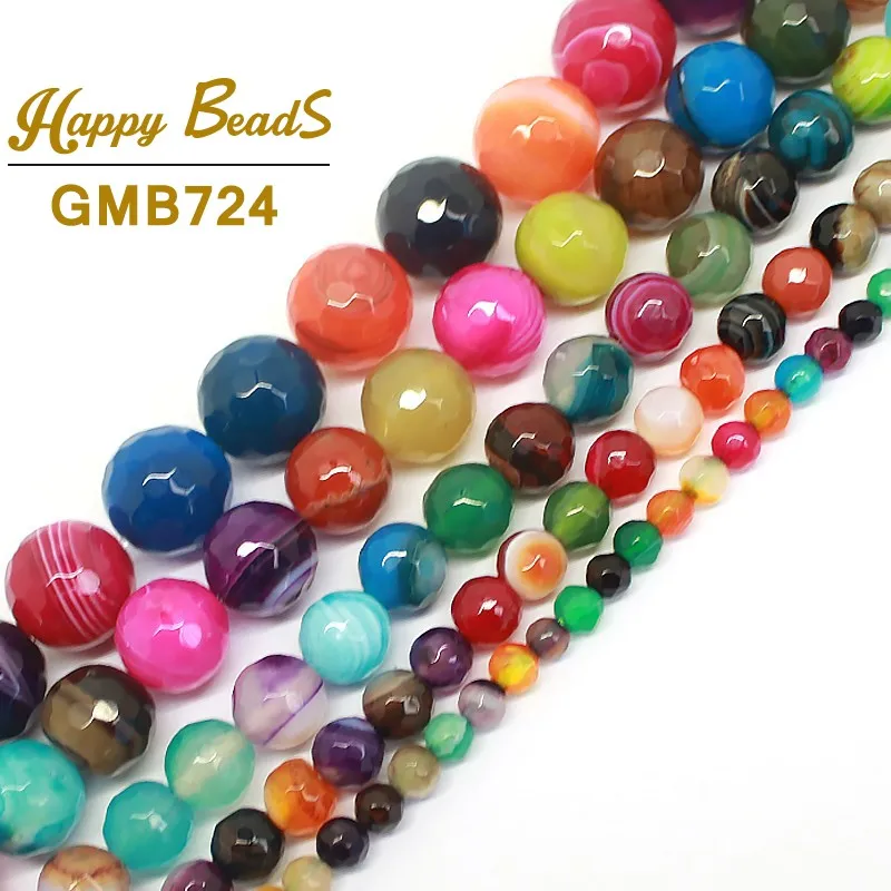 

Faceted Multicolor Stripes Agates Beads Natural Stone Round Loose beads 4.6.8.10.12mm 15"Strand For Jewelry Making Diy Bracelet