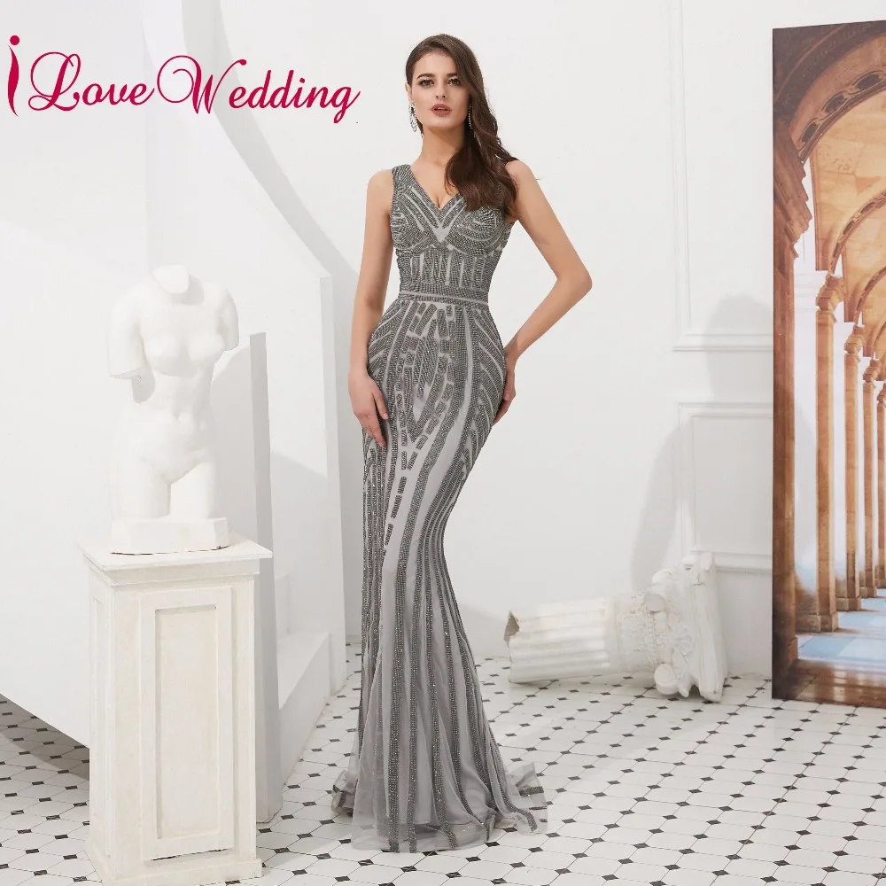 

2019 New Fashion Sexy V Neck Gray Sequin Mermaid Long Evening Party Formal Sleeveless Luxury Prom Dresses for Party