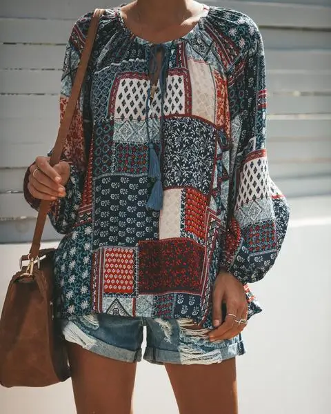 Cena Kobiety Loose Szyfonowa Bluzka W Stylu Vintage Kwiatowy Print Pełna Rękaw On Neck Tunika Koszula Jesień Kobiety Dorywczo Pomponem koszula camisa feminina