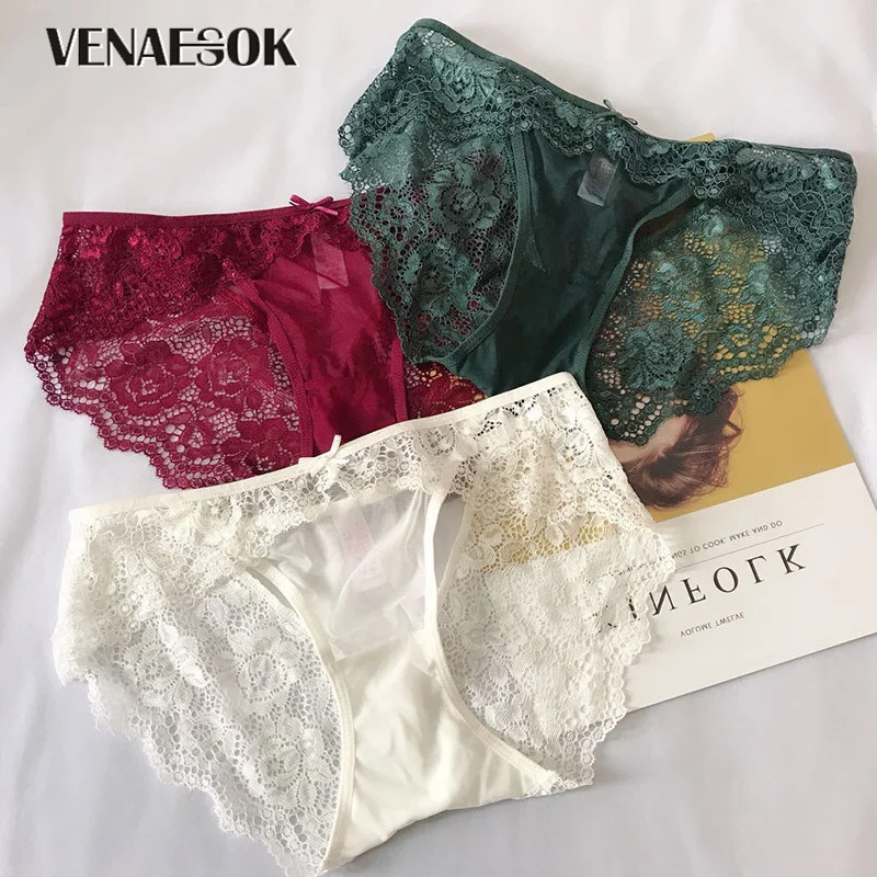 

Women Underwear Lace Transparent Low-rise Sexy Panties 3 Piece Briefs Hollow Out Embroidery Panty White+Green+Red wine XL L M S