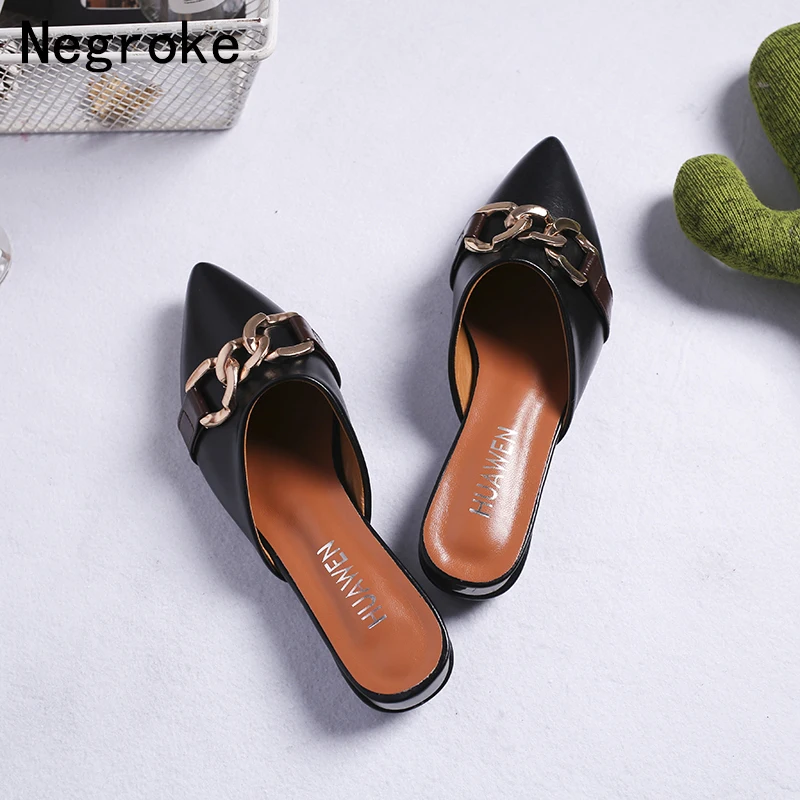 

2019 Summer Flats Mules Women Slippers Sexy Pointed Toe Metal Chain PU Leather Slides Sandals Female Outdoor Slipper Shoes