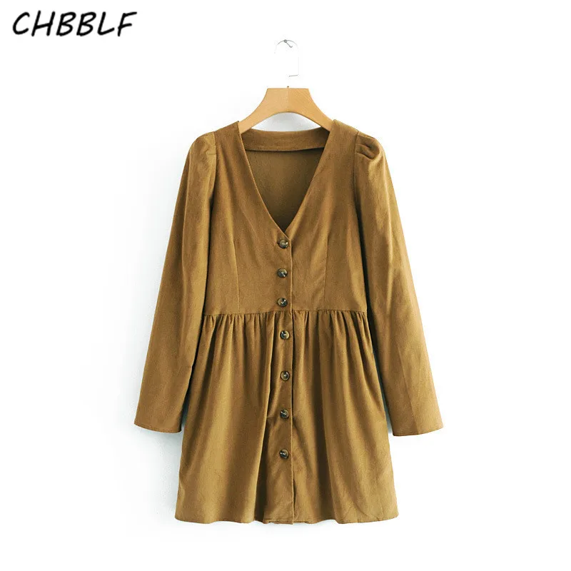 

CHBBLF women V neck Corduroy pleated dress buttons design long sleeve solid vintage female casual cute dresses vestidos XDN9361