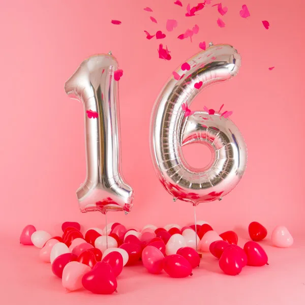 16st Joyeux Anniversaire Feuille Latex Ballon 16 32 40 Pouces Argent Numero Doux Seize Joyeux Anniversaire Fille Fete Fournitures Coeur Balos Aliexpress