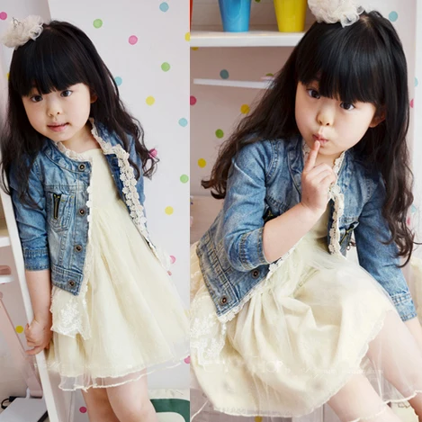 

Fashion Jacket Girls Kids Lace Cowboy Jacket Denim Top Button Outfits Jean Coat 2-7T L07