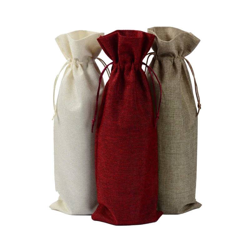 

100pcs Customized Handmade Jute Wine Bottle Covers 5.9"x15.35" Burlap Drawstring Linen Pouch Wedding Christmas Gift Bags