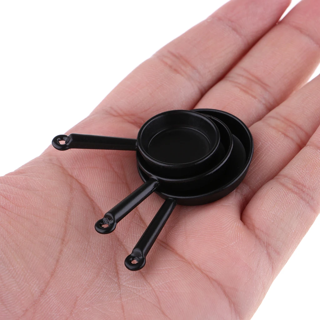3 Pieces Miniatures Metal Pots and Pans Dollhouse Cooking Set Kitchen Utensils Accessories, Photography Props