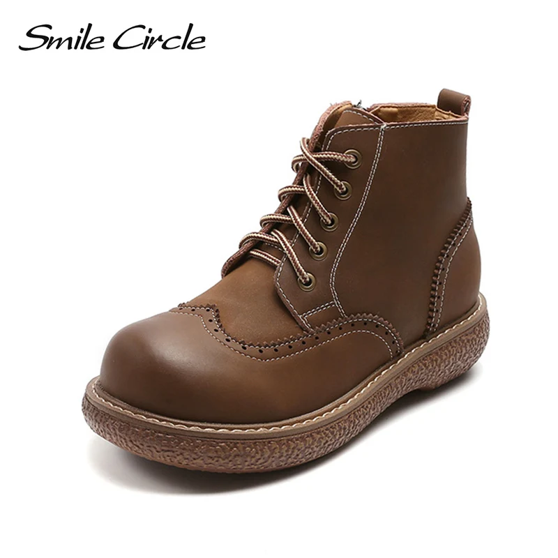 

Smile Circle Bullock Work Boots Women Shoes Martin Boots Real Leather Flat Platform boots For Women Comfortable round toe Boots