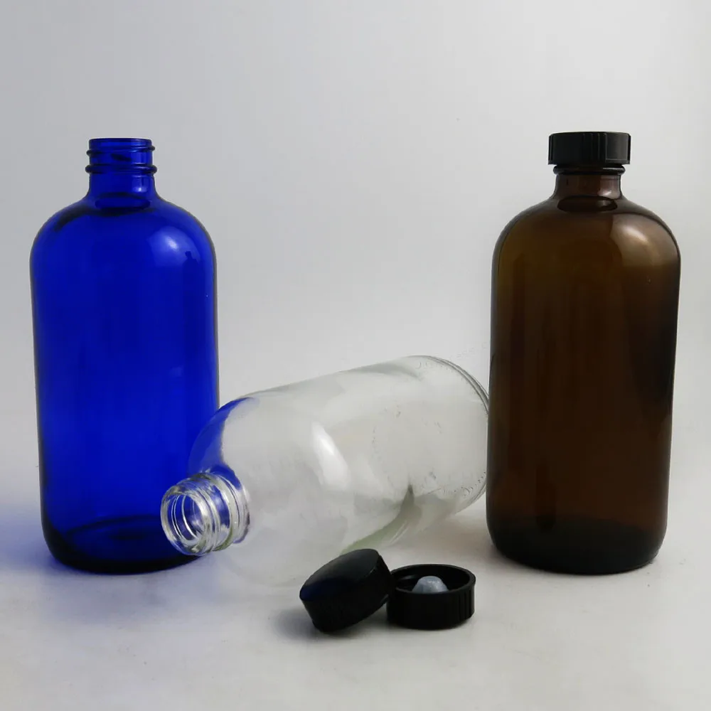 

2pcs 480ml Big Refillable 16 Oz Amber Blue Clear Boston Round Glass Bottles with Black Phenolic Cone Cap 480 cc Glass Containers