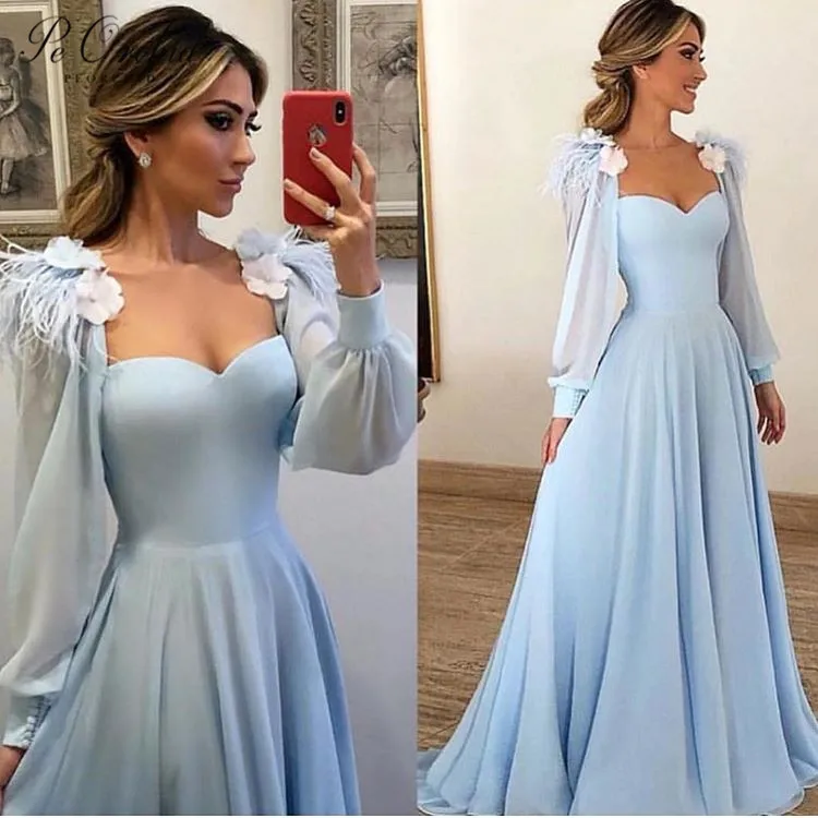 PEORCHID синие платья на выпускной одежда с длинным рукавом Милая Vestidos De Fiesta цветы торжественное платье Для женщин элегантное вечернее платье - Color: Blue