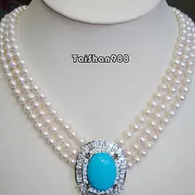 Чудесные счастливые ювелирные изделия 3 ряда настоящая белая жемчужина кристалл драгоценный кулон и ожерелье Широкий