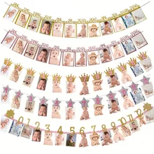 Banderola de Feliz Cumpleaños de un año, accesorios de foto rosa, Bandera Azul de Foto mensual, Banner de aniversario, suministros para fiesta de Baby Shower