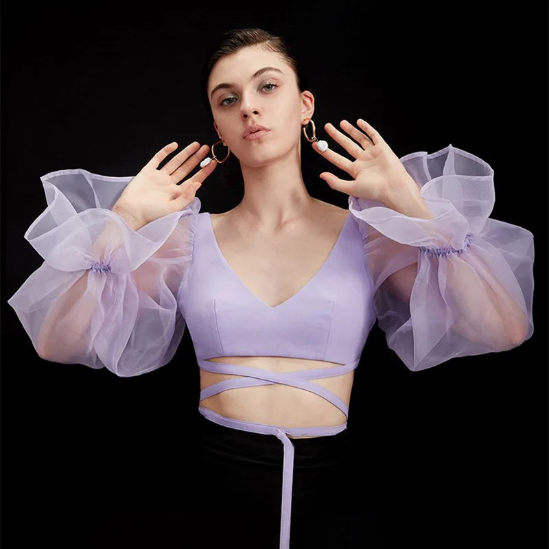 

Mesh Stitching Tops Women's Solid Color V-neck Exposed Navel Trumpet Sleeves Long-sleeved Straps Slim Causal T-shirt Women
