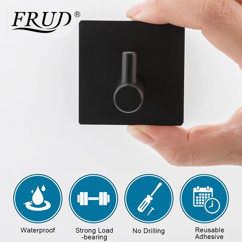 FRUD Modern Self Adhesive Hooks 4 pcs Stainless Steel Towel Robe Coat Cloth Bag Key Holder Hanger Heavy Duty Wall Mounted Black 