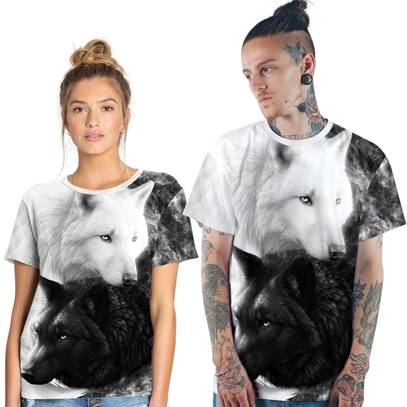 

2 Style Funny White&Black Wolf Cat Print 3D T Shirt Men Women Funny Summer Tee Shirts Casual Short Sleeve T-shirts Plus Size