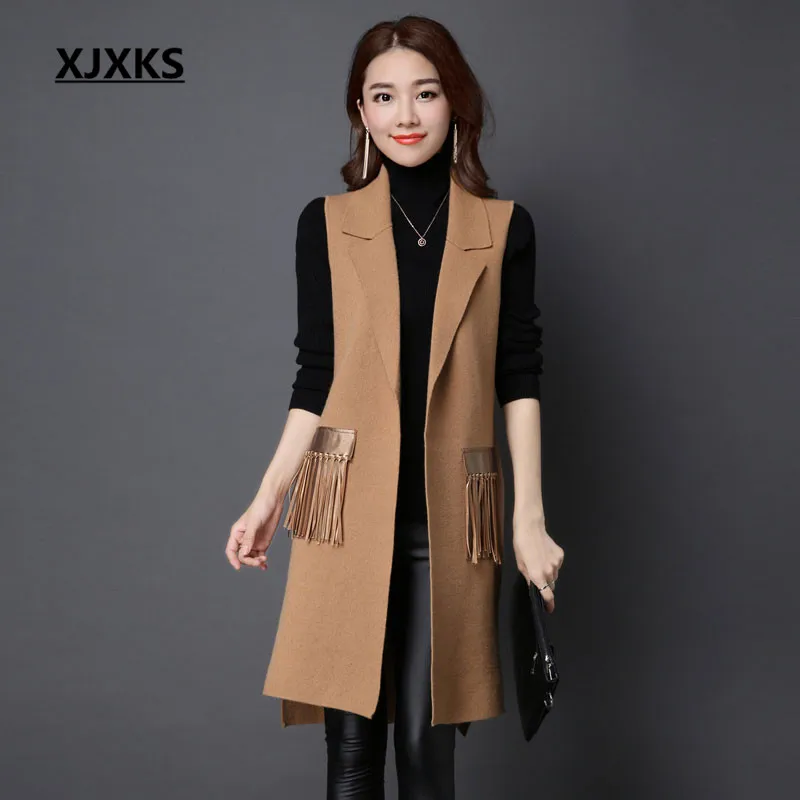 

XJXKS Turn-down Collar Women's Cardigans Vest Coat New Arrivals Tassel Pockets Unique Design Women Solid Long Vests