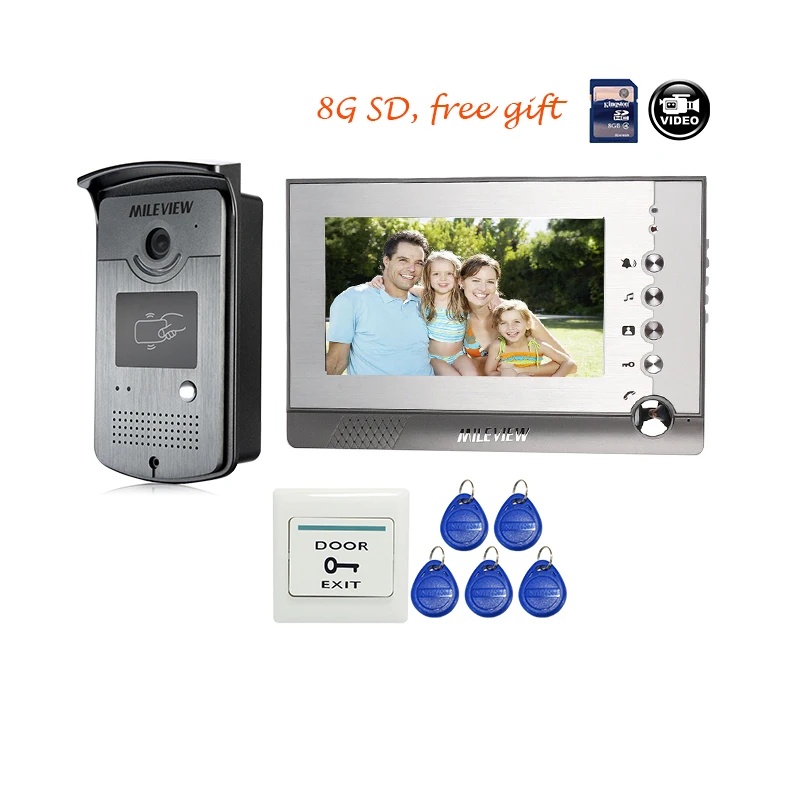 

Free Shipping BRAND 7" Color Screen Video Door Phone Intercom Recording Set + Metal Waterproof RFID Access Door Camera + 8G SD